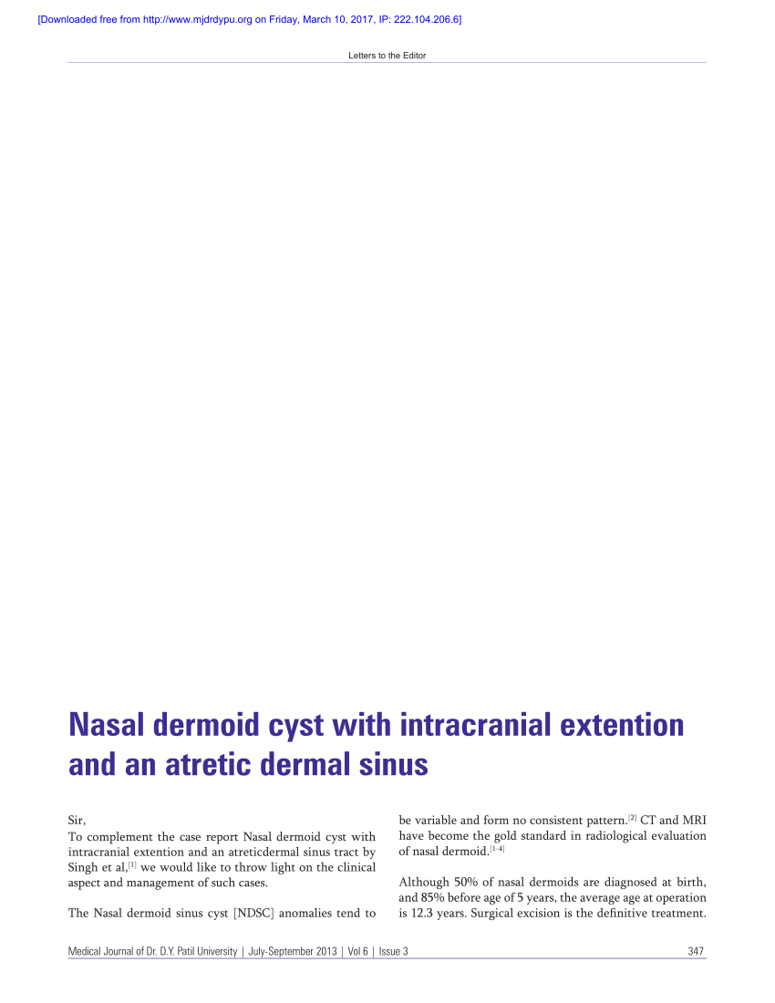 Pdf Nasal Dermoid Cyst With Intracranial Extention And An Atretic