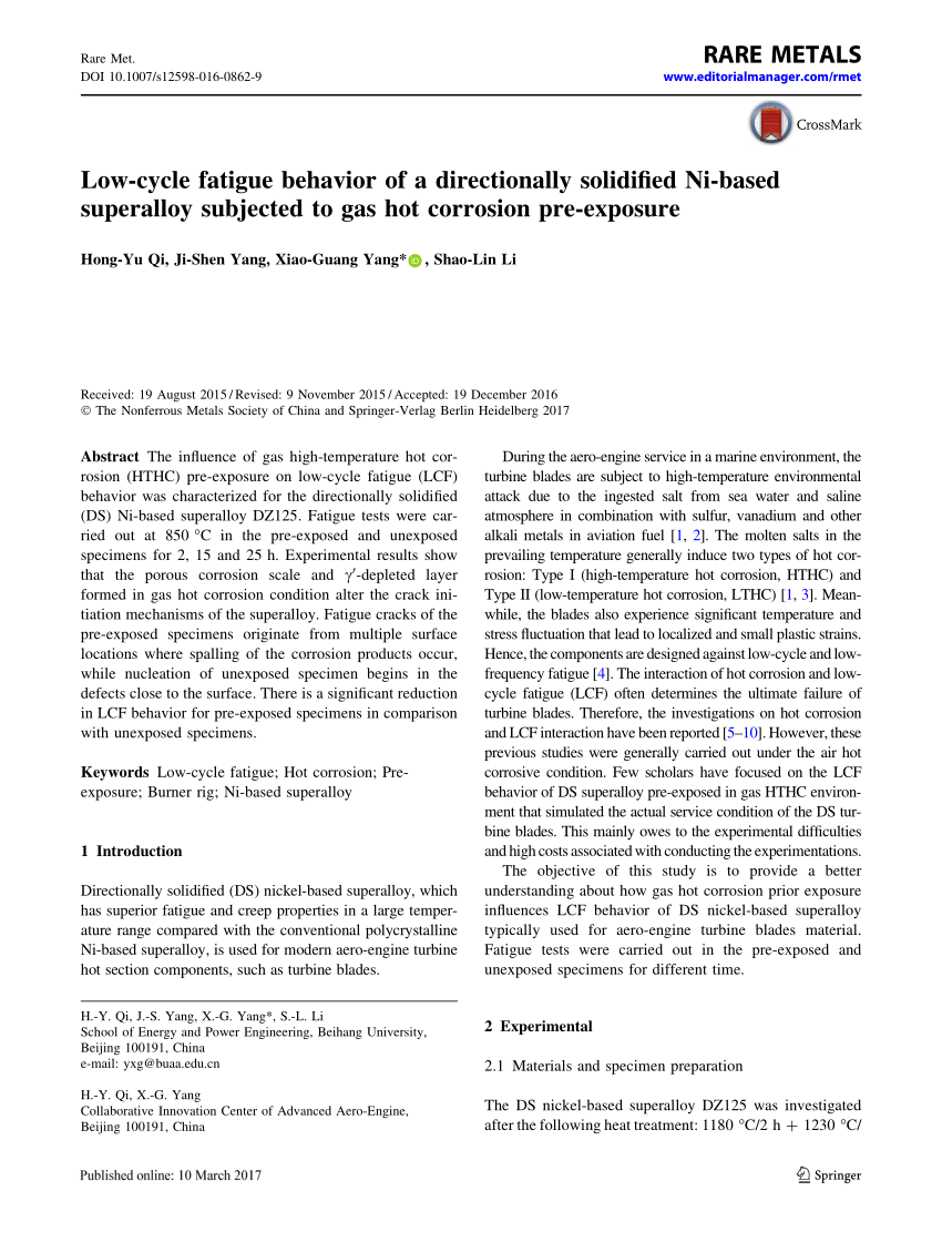 Pdf Low Cycle Fatigue Behavior Of A Directionally Solidified Ni Based Superalloy Subjected To Gas Hot Corrosion Pre Exposure