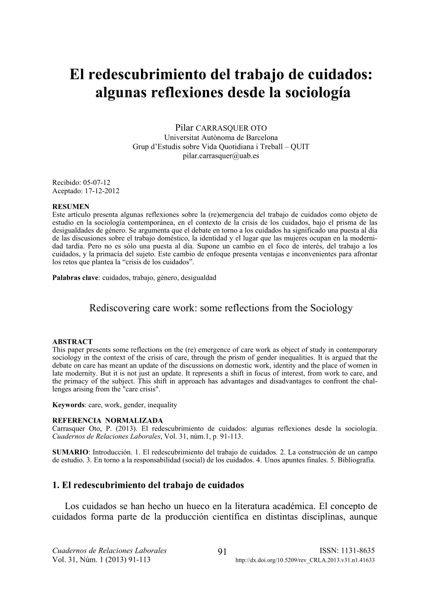 PDF) El redescubrimiento del trabajo de cuidados: algunas reflexiones desde  la sociología