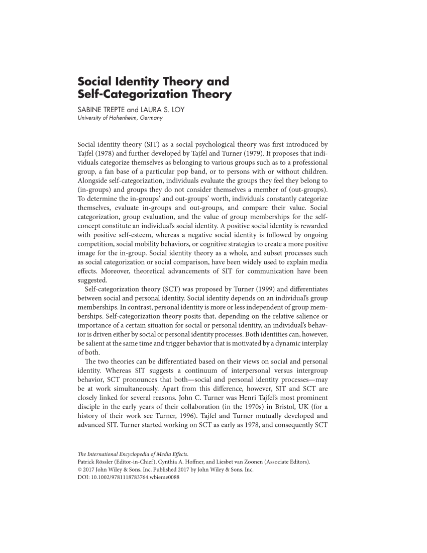 PDF) Social Identity Theory and Self‐Categorization Theory