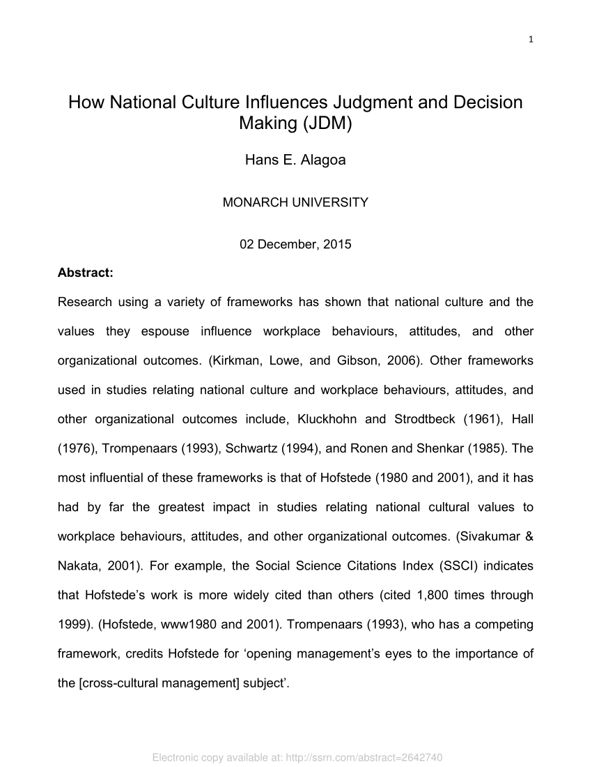 Pdf How National Culture Influences Judgment And Decision Making Jdm