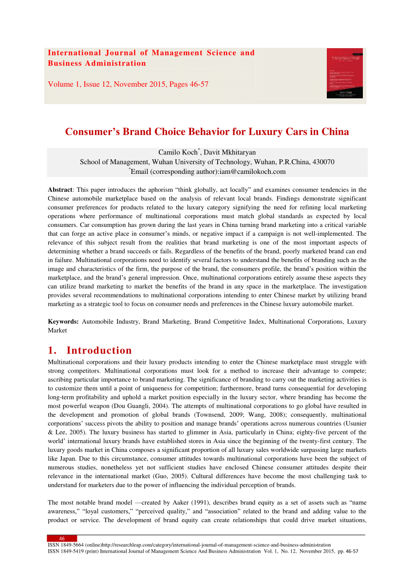 PDF) Consumer's Brand Choice Behavior for Luxury Cars in China