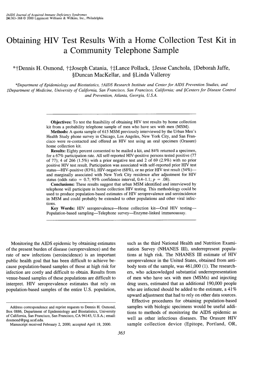 PDF) Obtaining HIV Test Results With a Home Collection Test Kit in a  Community Telephone Sample