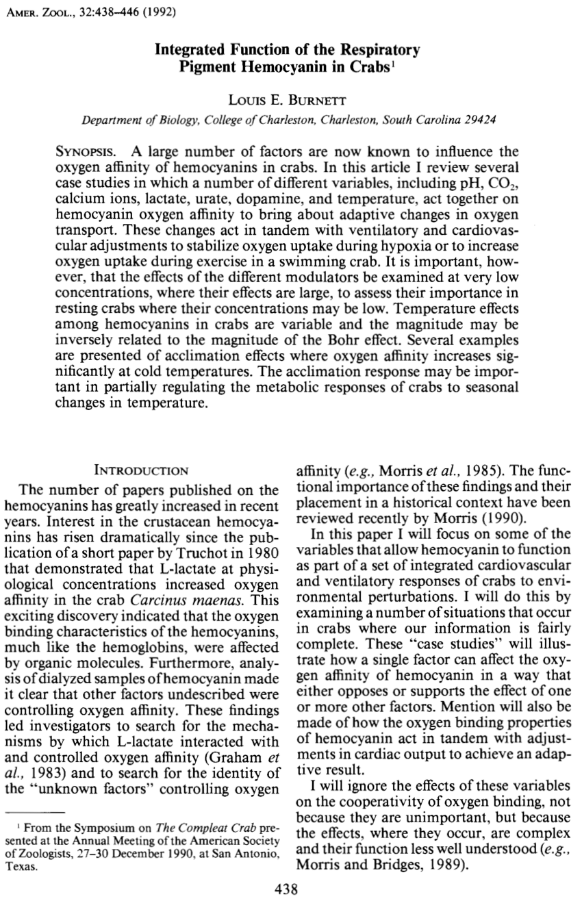 (PDF) Integrated Function of the Respiratory Pigment Hemocyanin in Crabs