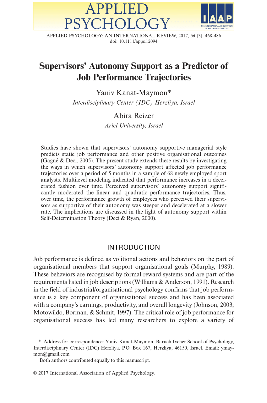 Pdf) Supervisors Autonomy Support As A Predictor Of Job Performance Trajectories