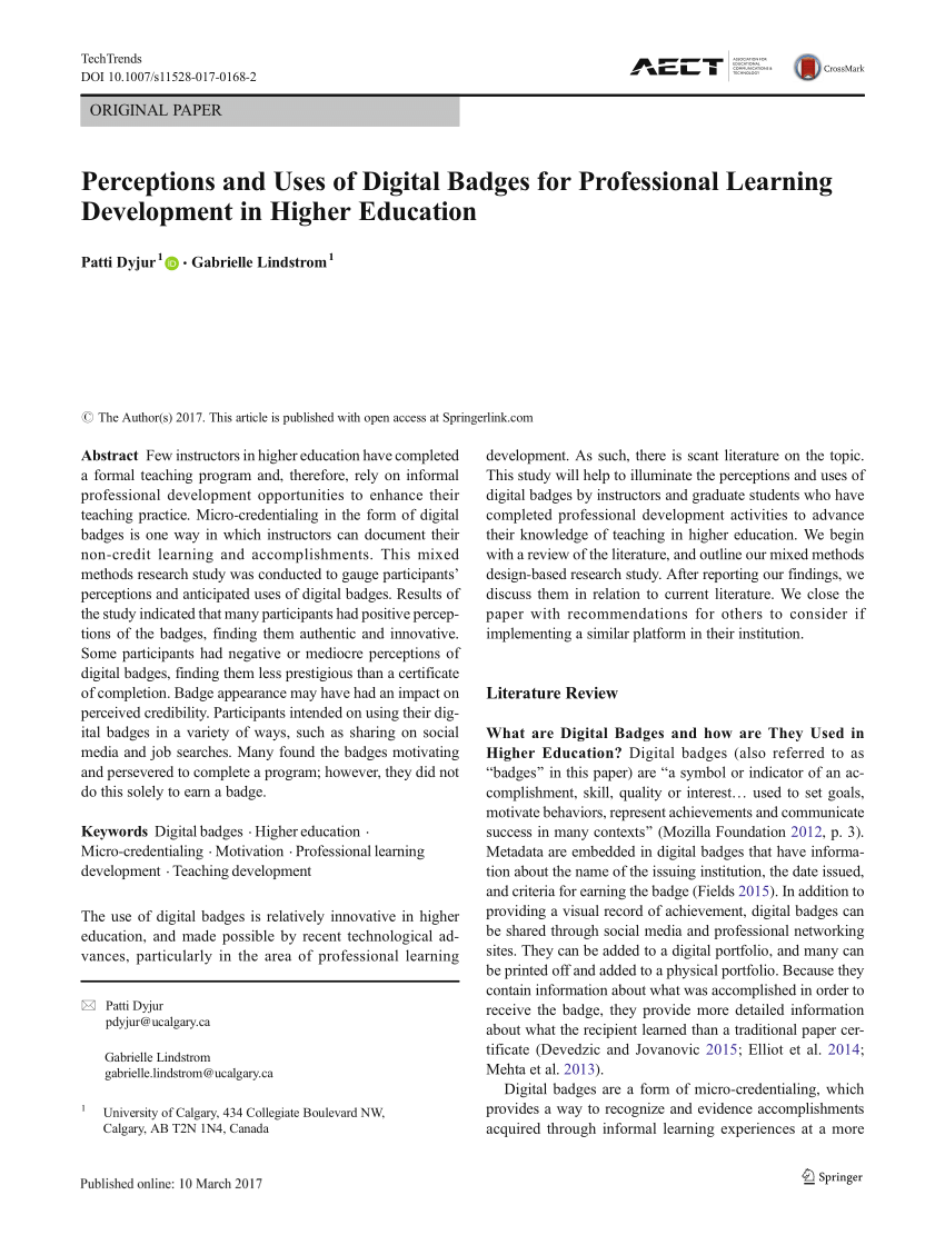 PDF) Perceptions and Uses of Digital Badges for Professional Learning  Development in Higher Education