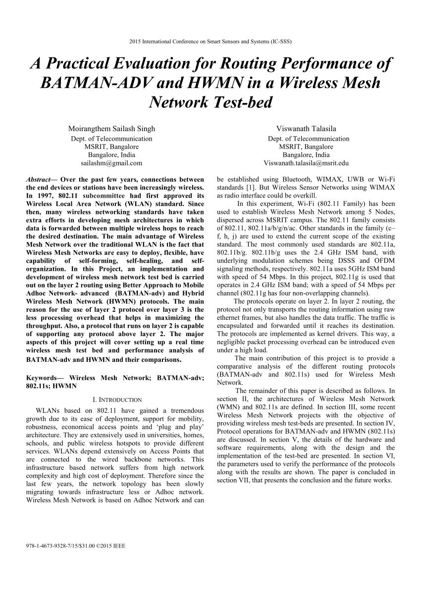 PDF) A practical evaluation for routing performance of BATMAN-ADV and HWMN  in a Wireless Mesh Network test-bed