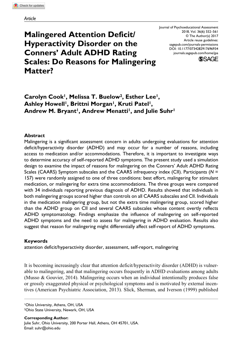 Pdf Malingered Attention Deficithyperactivity Disorder On The Conners Adult Adhd Rating 3492