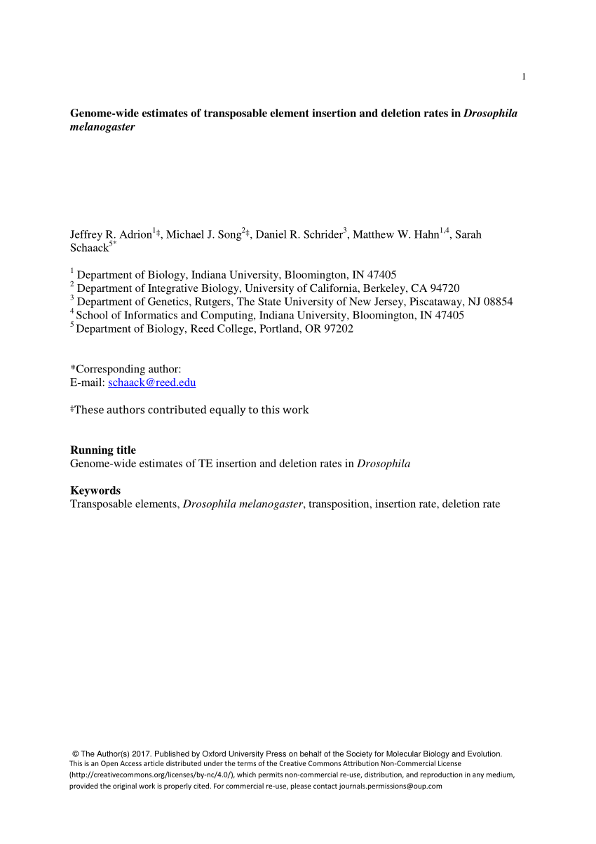 Pdf Genome Wide Estimates Of Transposable Element Insertion And Deletion Rates In Drosophila Melanogaster