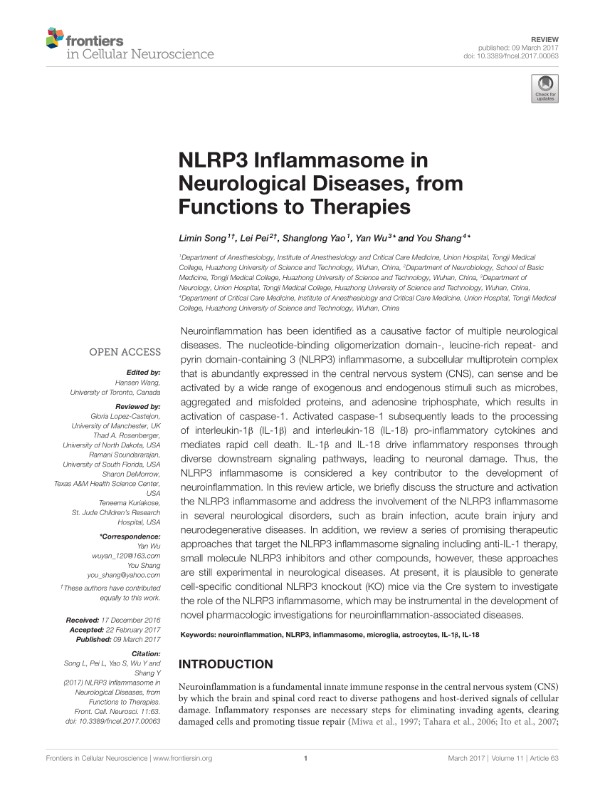 Pdf Nlrp3 Inflammasome In Neurological Diseases From Functions To Therapies
