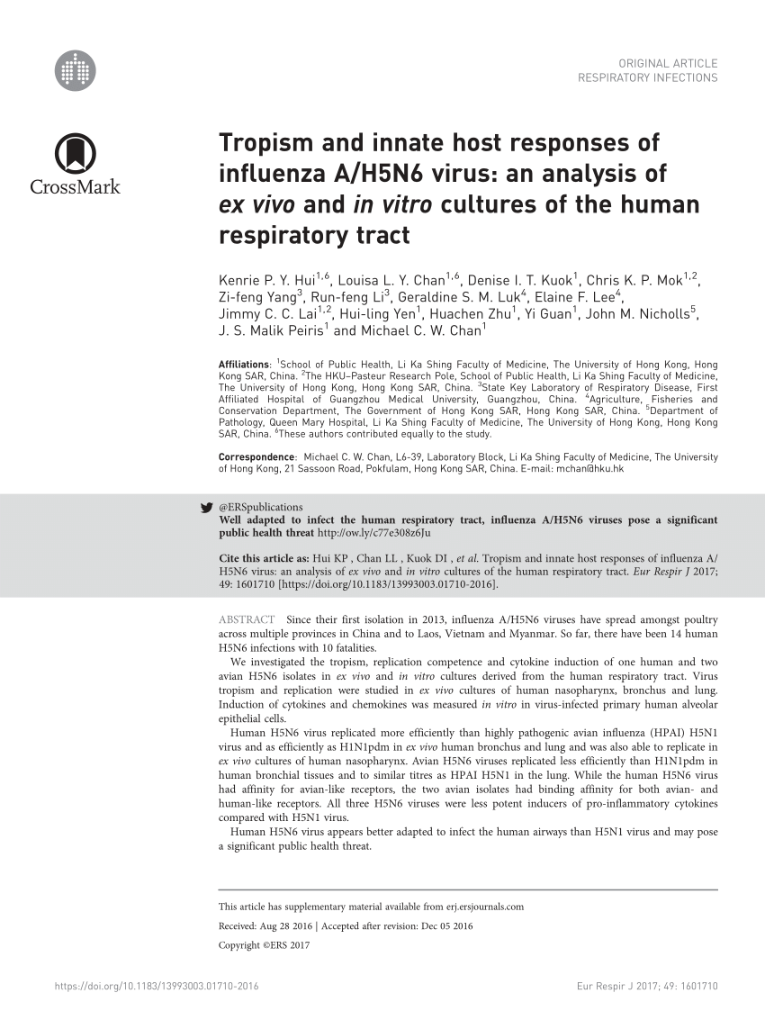 Pdf Tropism And Innate Host Responses Of Influenza A H5n6 Virus An Analysis Of Ex Vivo And In Vitro Cultures Of The Human Respiratory Tract