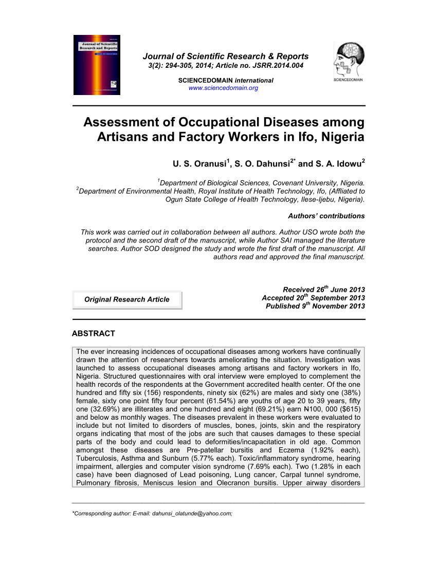 PDF Assessment of Occupational Diseases among Artisans and Factory Workers in Ifo, Nigeria