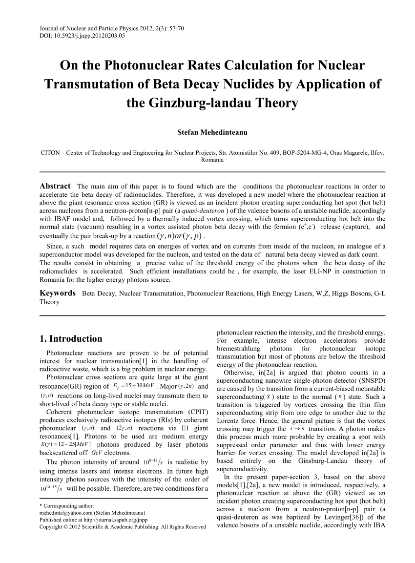 Pdf On The Photonuclear Rates Calculation For Nuclear Transmutation Of Beta Decay Nuclides By Application Of The Ginzburg Landau Theory