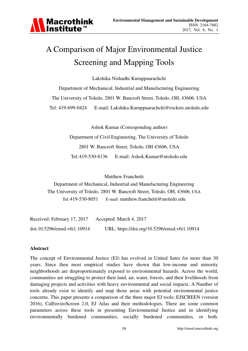 Pdf A Comparison Of Major Environmental Justice Screening And Mapping Tools