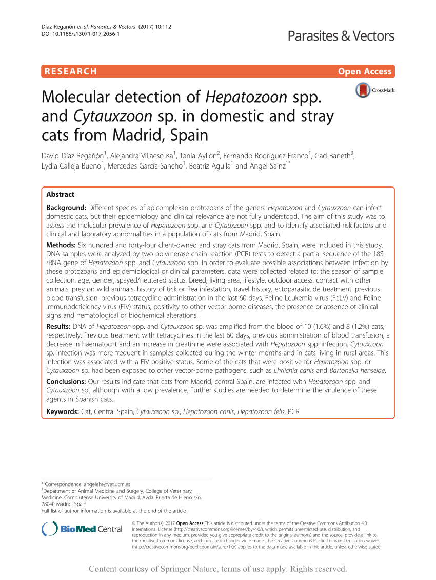 Pdf Molecular Detection Of Hepatozoon Spp And Cytauxzoon Sp In Domestic And Stray Cats From Madrid Spain