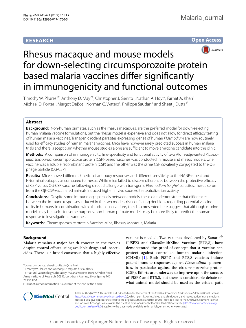 PDF) Rhesus and mouse models for down-selecting circumsporozoite protein based vaccines differ significantly in and functional outcomes