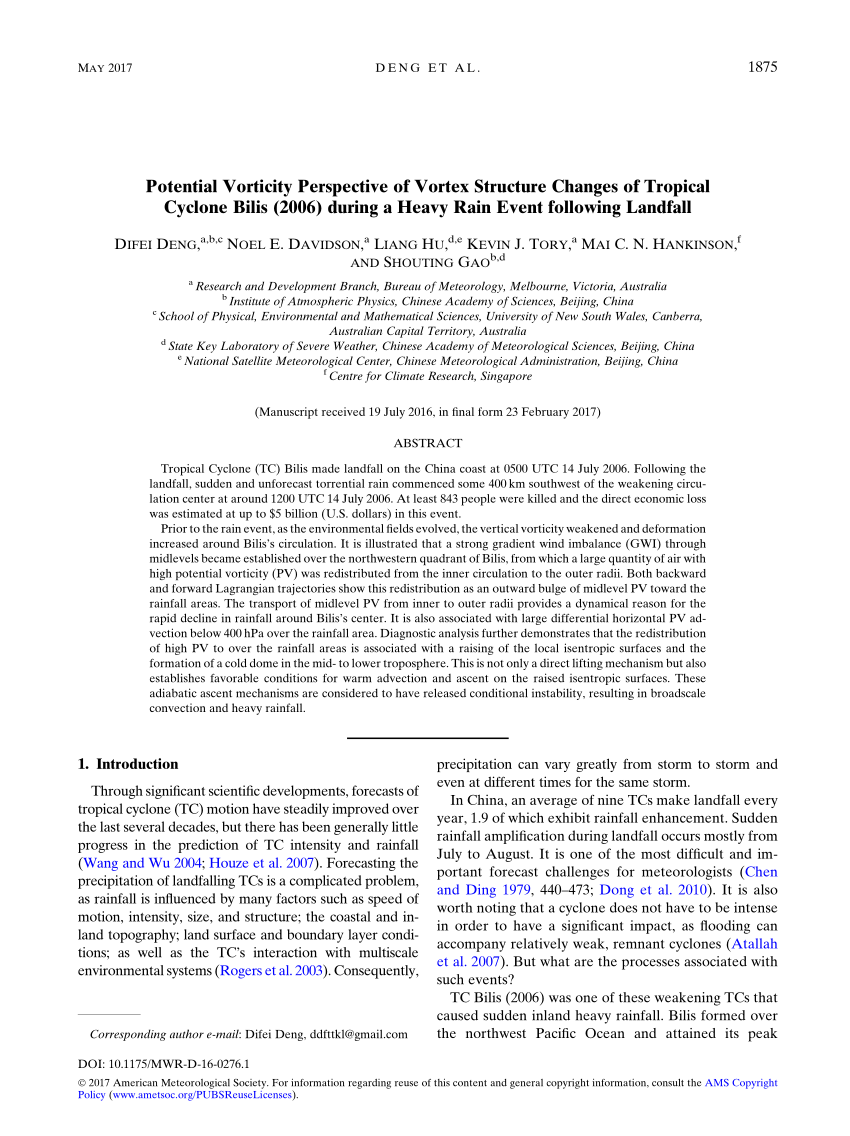PDF) Potential Vorticity of Vortex Structure Changes of Tropical Cyclone Bilis (2006) during Heavy Rain Event Landfall