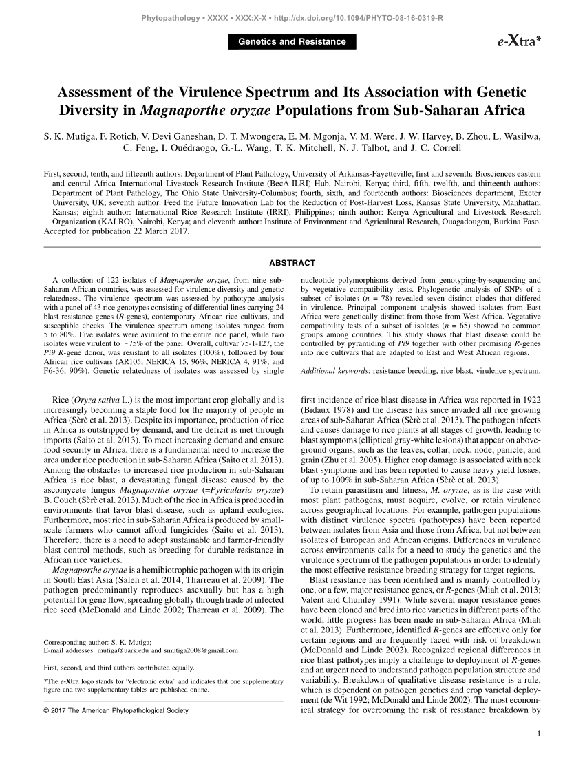 Pdf Assessment Of The Virulence Spectrum And Its Association With Genetic Diversity In Magnaporthe Oryzae Populations From Sub Saharan Africa