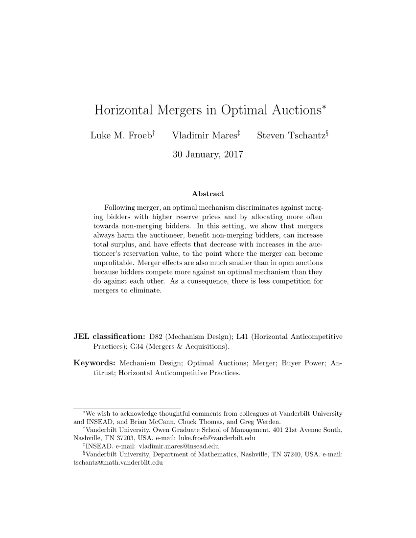 (PDF) Horizontal Mergers in Optimal Auctions