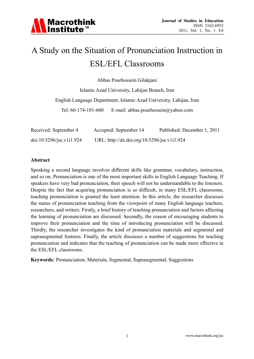 Pdf A Study On The Situation Of Pronunciation Instruction In Esl Efl Classrooms