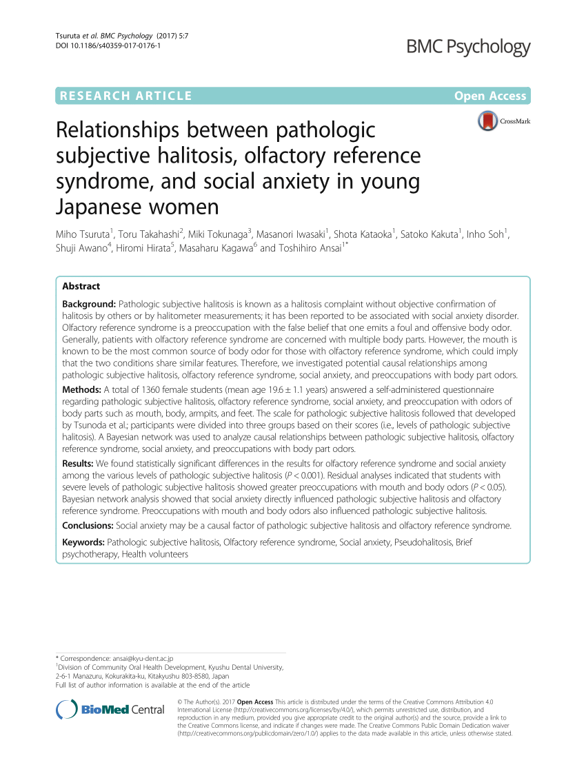 PDF) Relationships between pathologic subjective halitosis, olfactory reference syndrome, and social anxiety in young Japanese women pic
