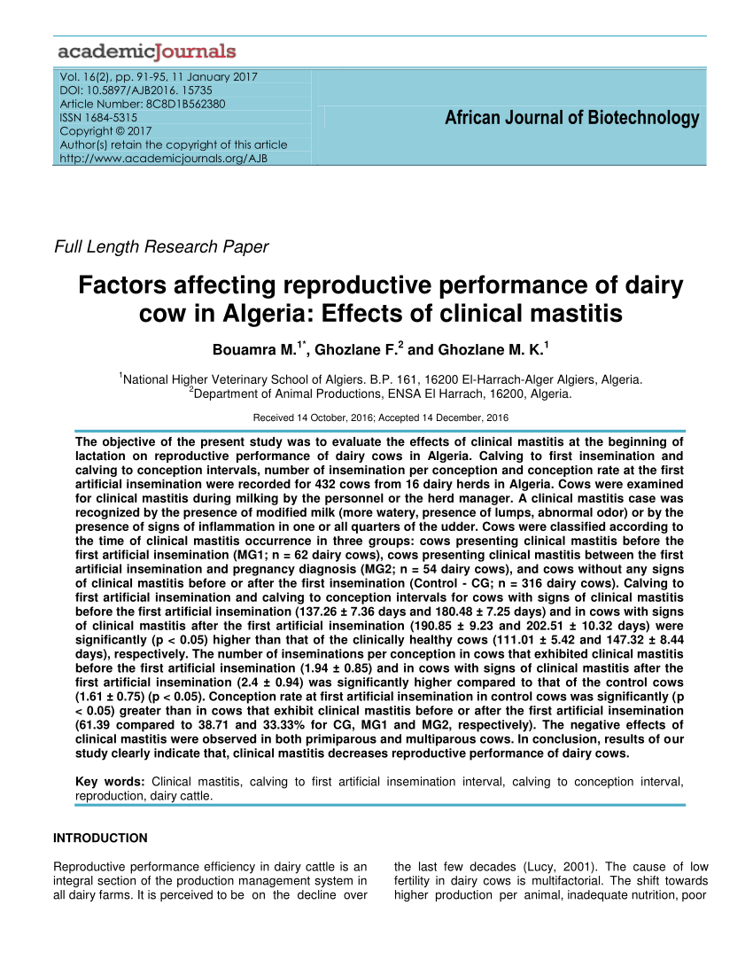 PDF) Factors affecting reproductive performance of dairy cow in Algeria:  Effects of clinical mastitis