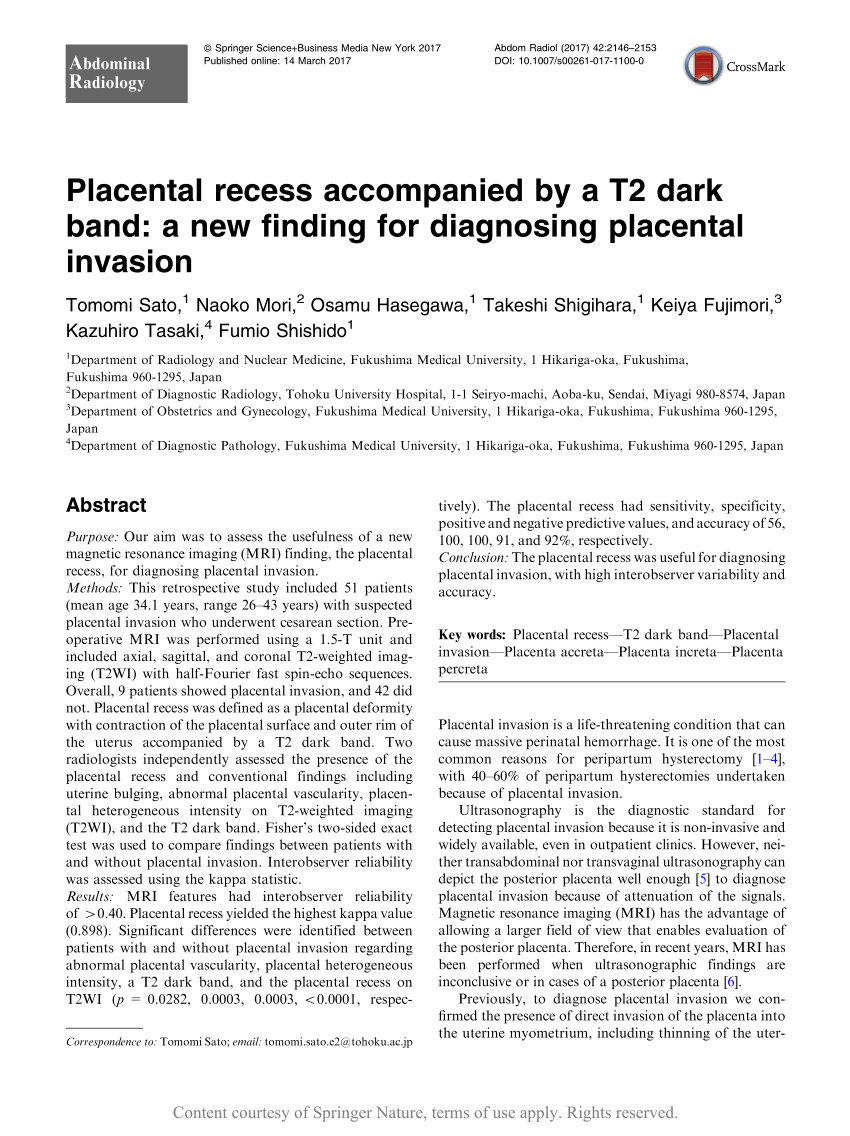 Placental recess accompanied by a T2 dark band: a new finding for