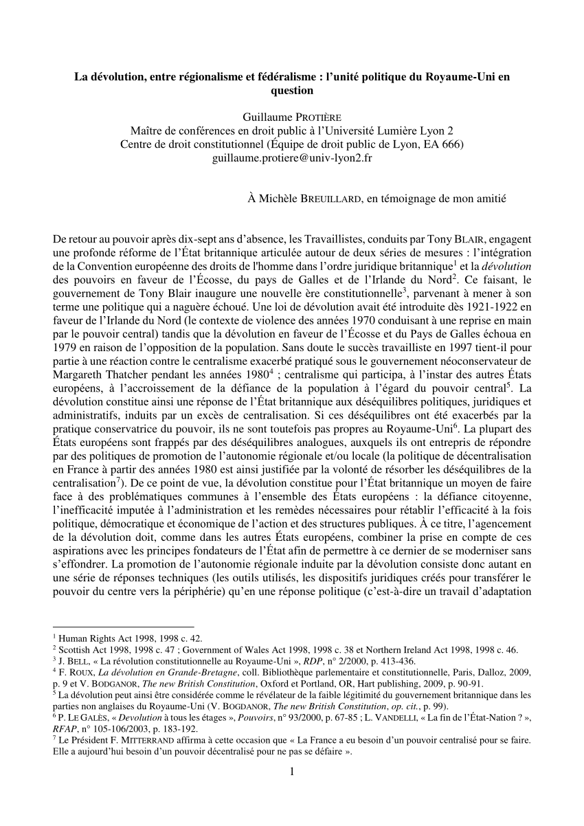 Pdf La Devolution Entre Regionalisme Et Federalisme