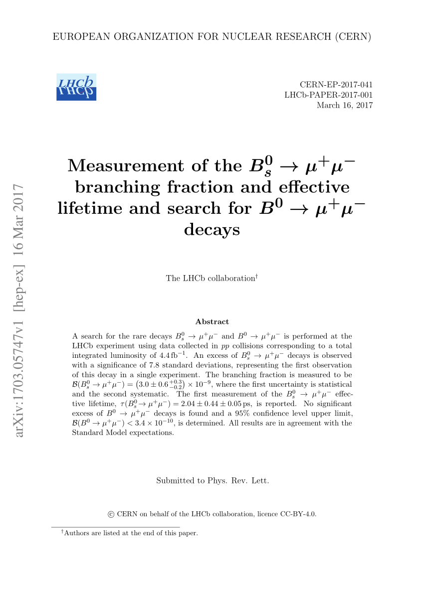 PDF) Measurement of the $B^0_s\to\mu^+\mu^-$ branching fraction ...