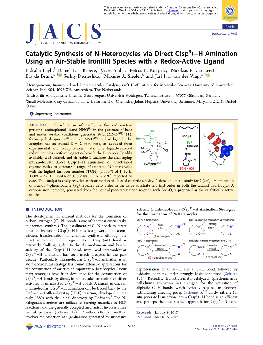 Pdf Catalytic Synthesis Of N Heterocycles Via Direct C Sp H Amination Using An Air Stable Iron Iii Species With A Redox Active Ligand