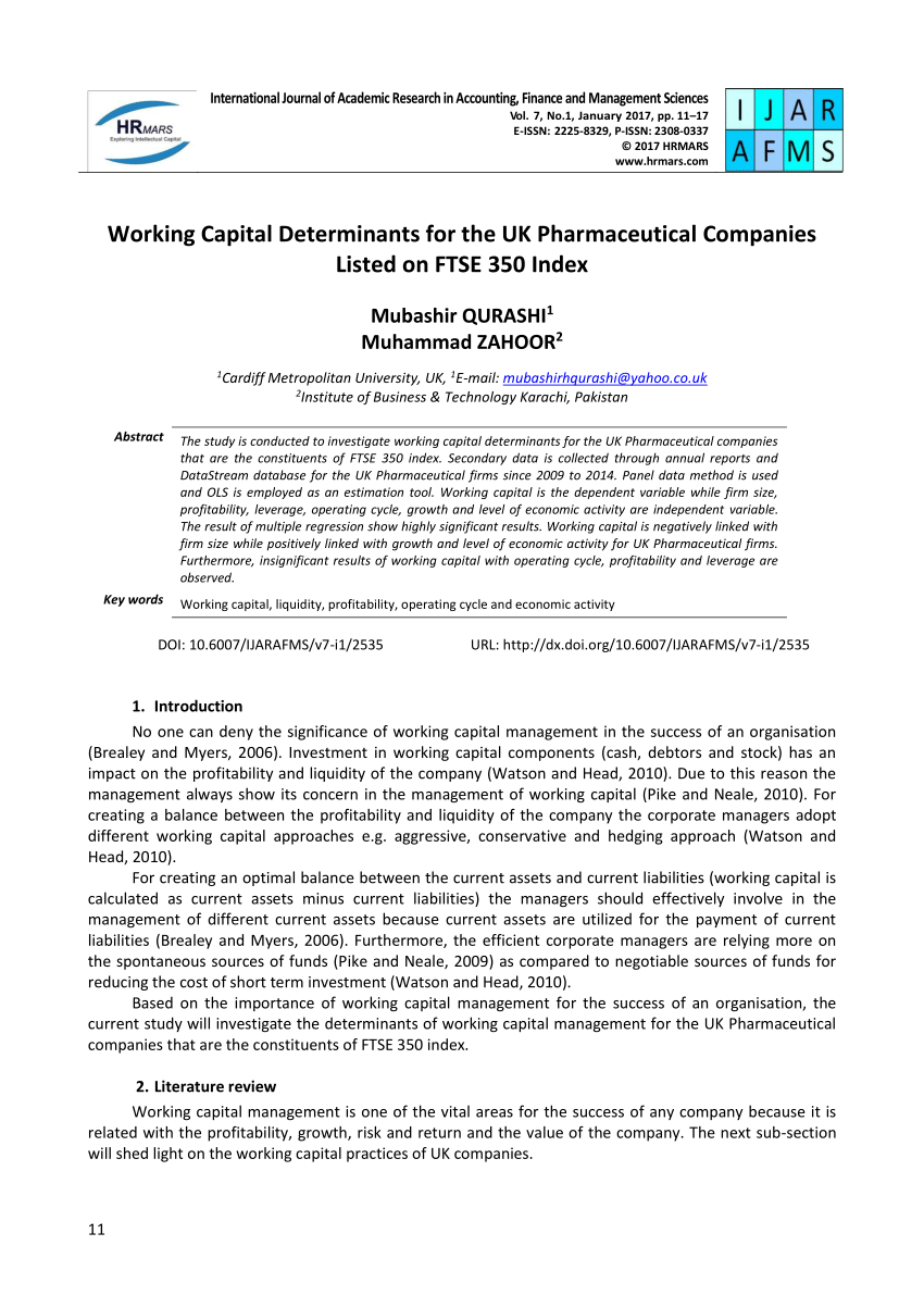 Pdf Working Capital Determinants For The Uk Pharmaceutical