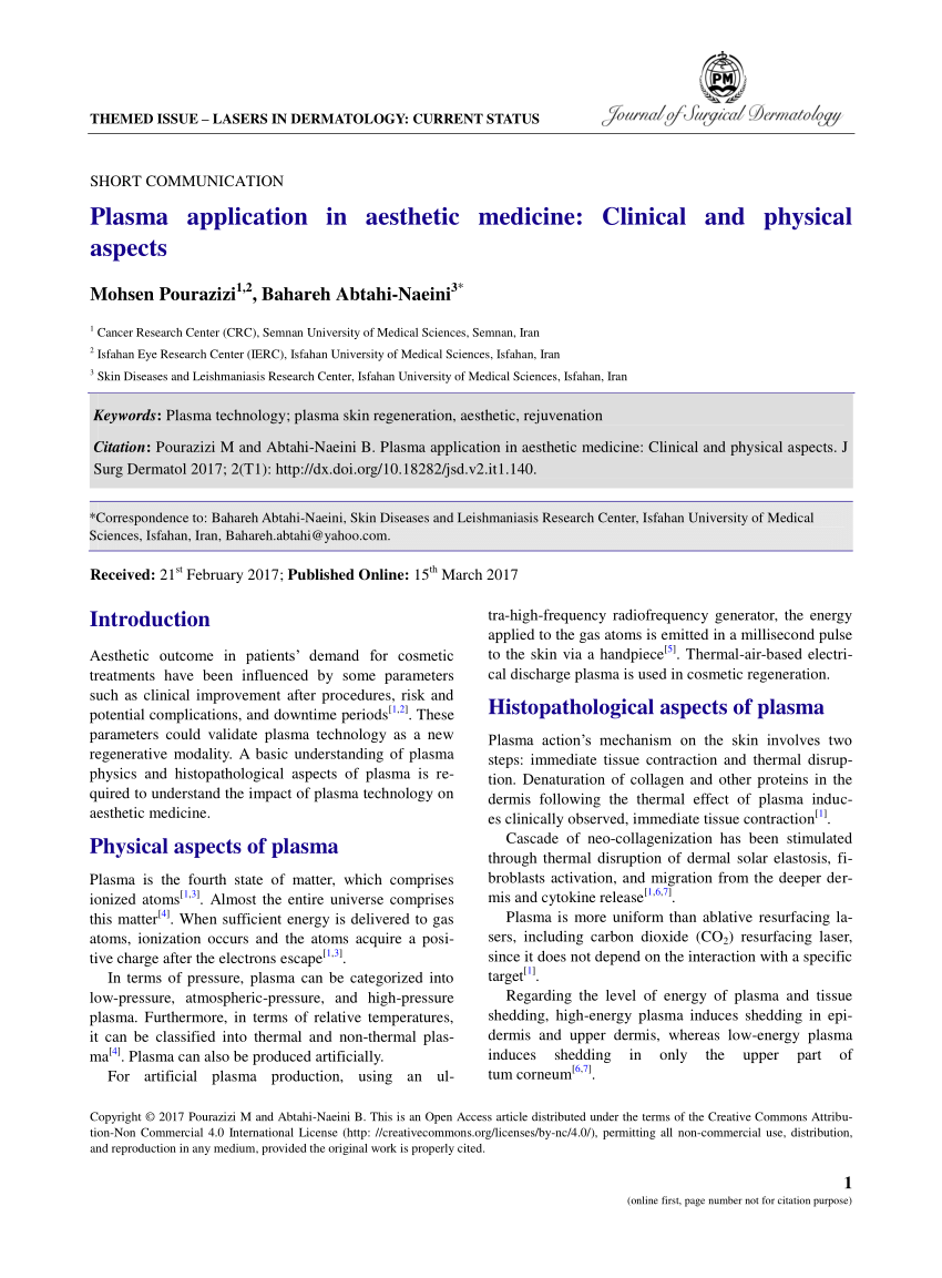 Pdf Plasma Application In Aesthetic Medicine Clinical And Physical Aspects