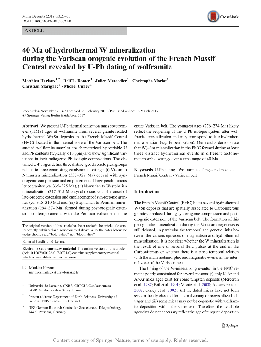 40 Ma Of Hydrothermal W Mineralization During The Variscan Orogenic Evolution Of The French Massif Central Revealed By U Pb Dating Of Wolframite Request Pdf