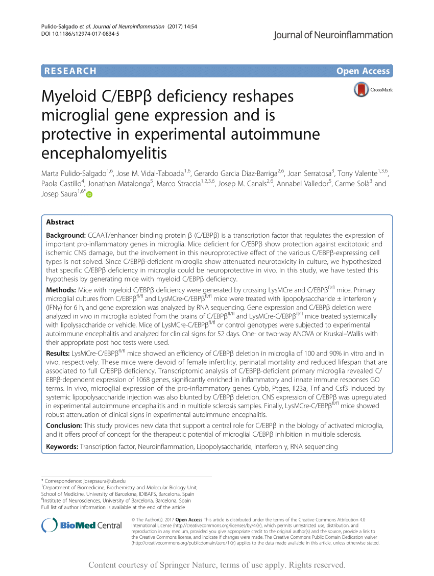 Pdf Myeloid C Ebpb Deficiency Reshapes Microglial Gene Expression And Is Protective In Experimental Autoimmune Encephalomyelitis