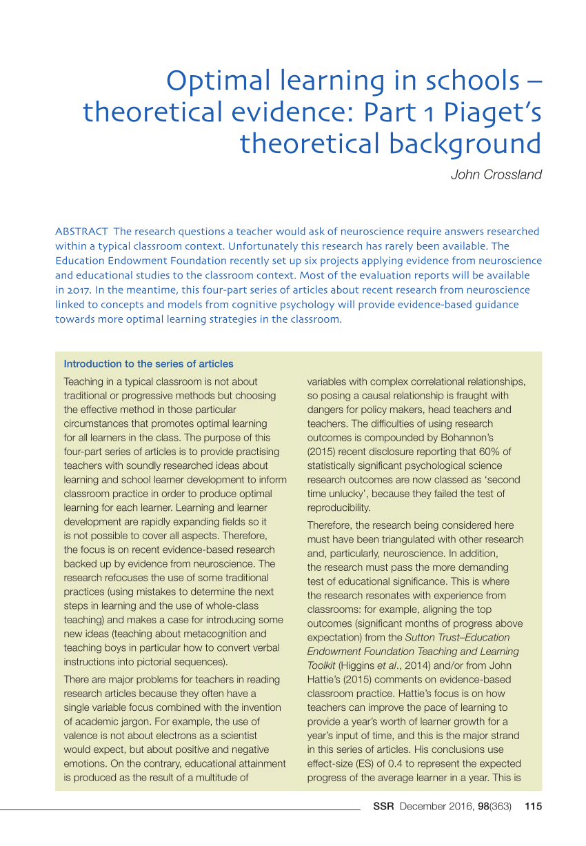 PDF Optimal learning in schools theoretical evidence Part 1