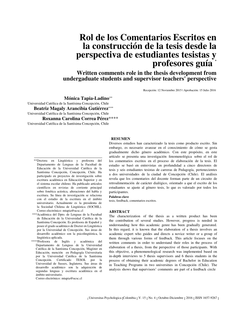 Pdf Rol De Los Comentarios Escritos En La Construccion De La Tesis Desde La Perspectiva De Estudiantes Tesistas Y Profesores Guias