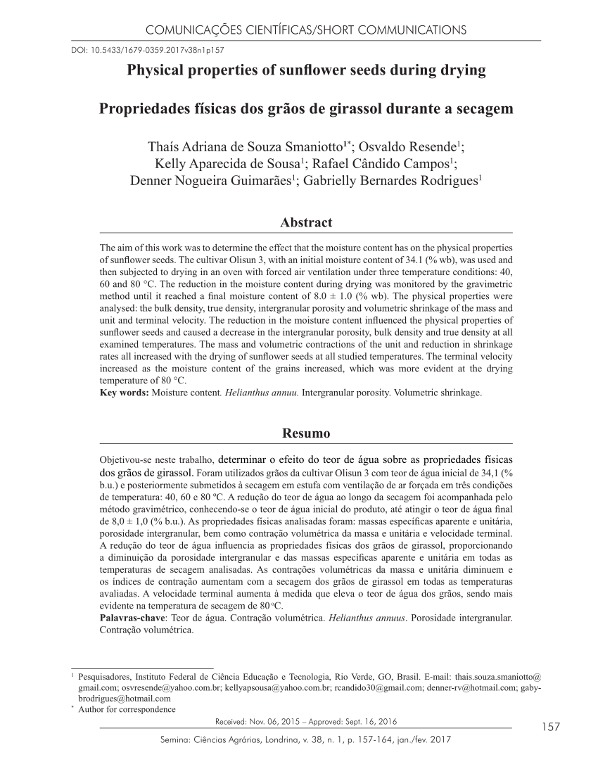  PDF Physical Properties Of Sunflower Seeds During Drying