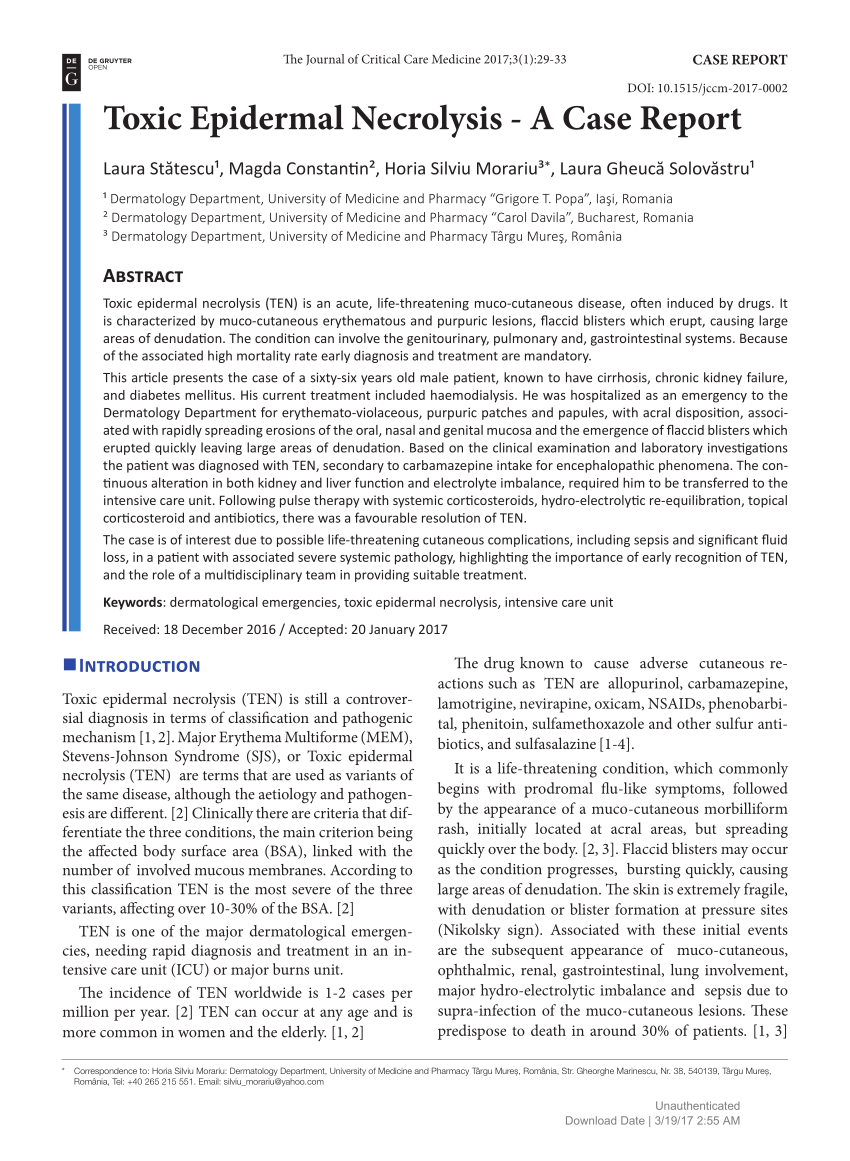 Pdf Toxic Epidermal Necrolysis A Case Report