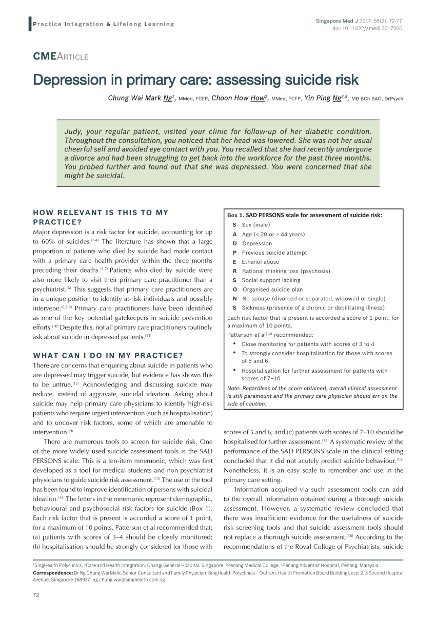 Pdf Depression In Primary Care Assessing Suicide Risk