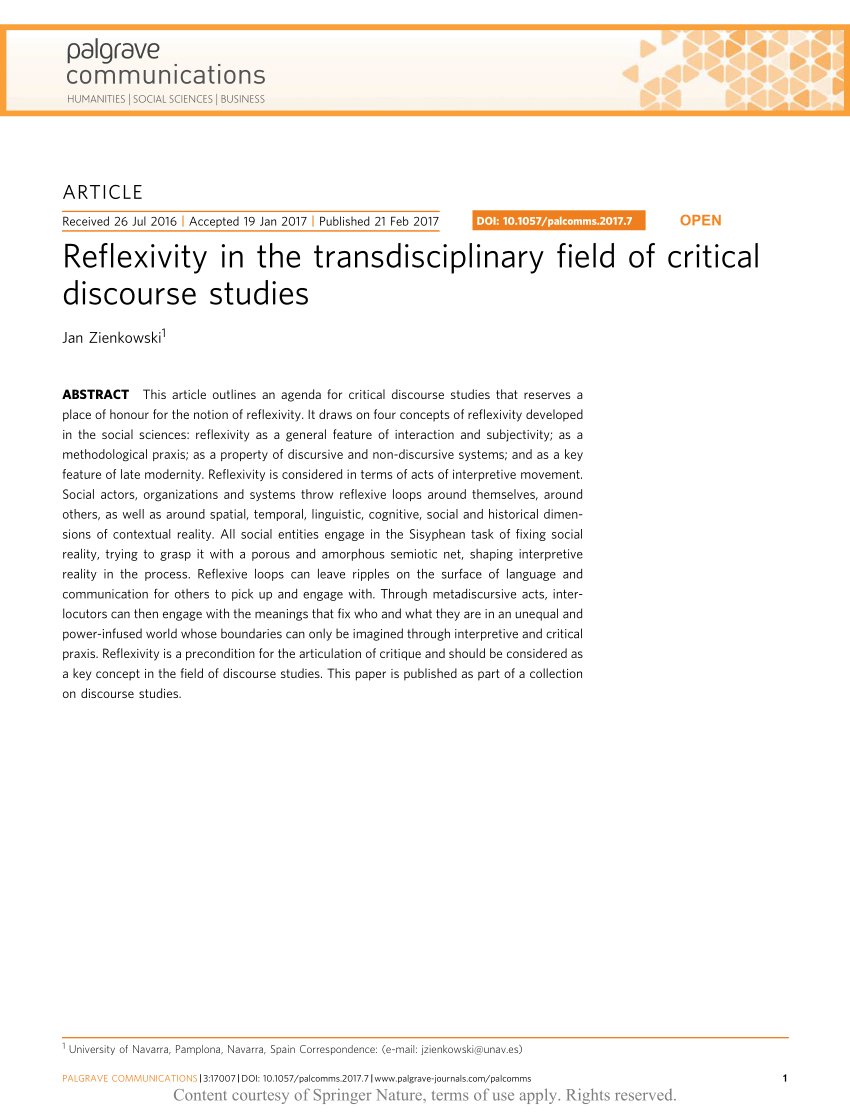 Pdf Reflexivity In The Transdisciplinary Field Of Critical Discourse Studies