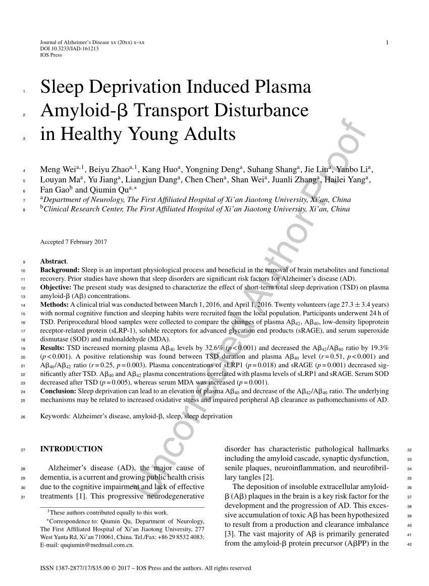 Pdf Sleep Deprivation Induced Plasma Amyloid B Transport Disturbance In Healthy Young Adults