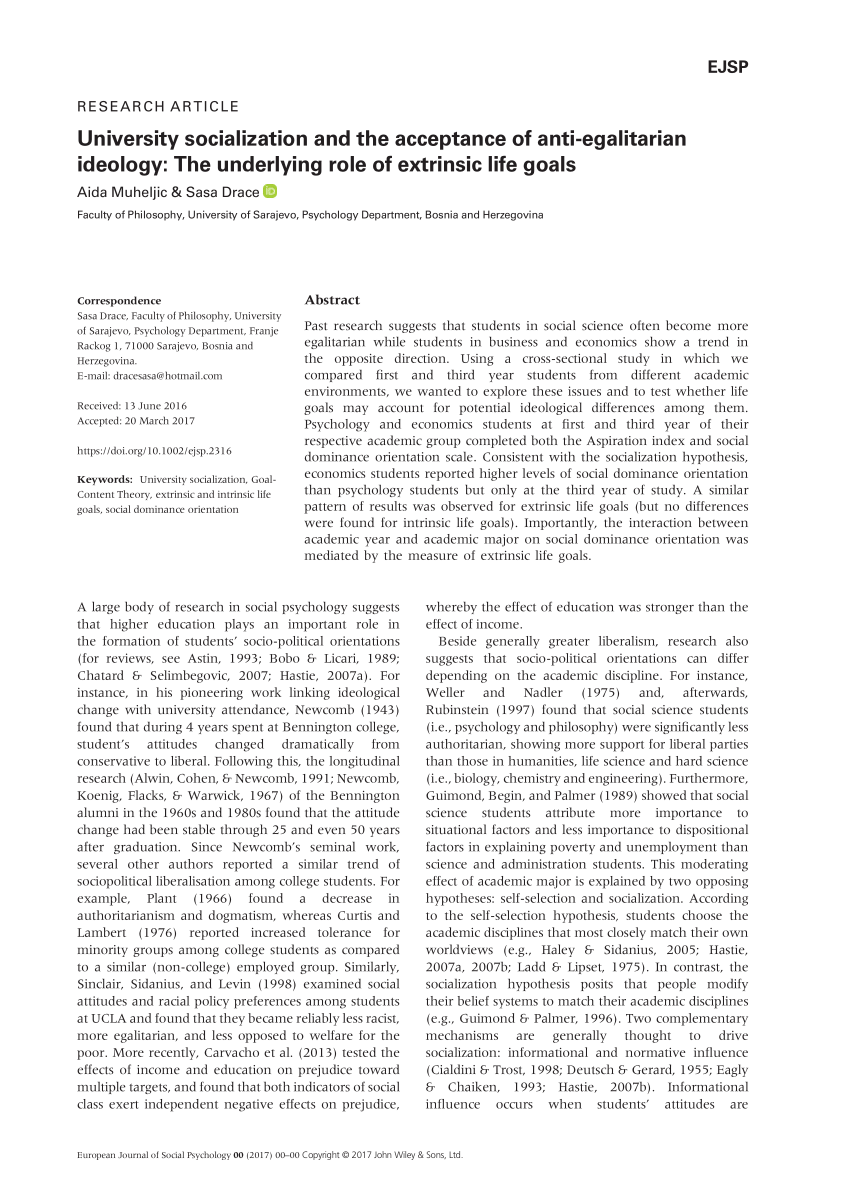 Pdf University Socialization And The Acceptance Of Anti Egalitarian Ideology The Underlying Role Of Extrinsic Life Goals