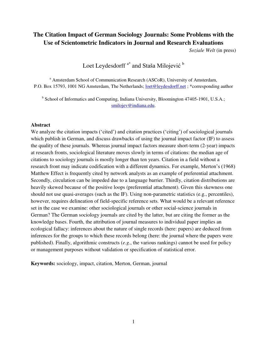 Pdf The Citation Impact Of German Sociology Journals Some Problems With The Use Of Scientometric Indicators In Journal And Research Evaluations