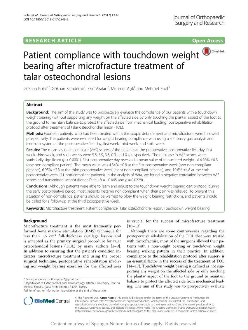 (PDF) Patient compliance with touchdown weight bearing after microfracture  treatment of talar osteochondral lesions
