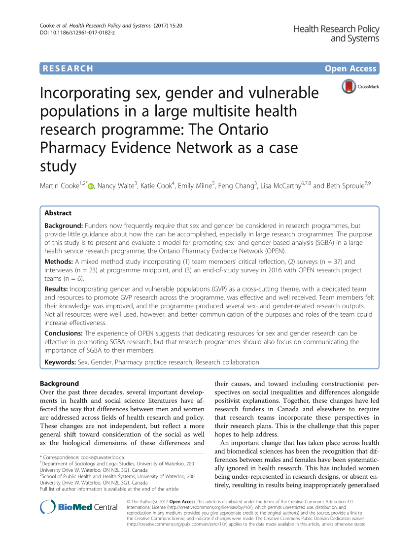 Pdf Incorporating Sex Gender And Vulnerable Populations In A Large Multisite Health Research 3863
