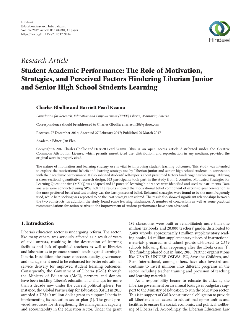 Pdf) Student Academic Performance: The Role Of Motivation, Strategies, And  Perceived Factors Hindering Liberian Junior And Senior High School Students  Learning
