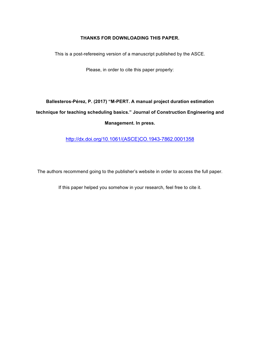 Pdf M Pert Manual Project Duration Estimation Technique For Teaching Scheduling Basics