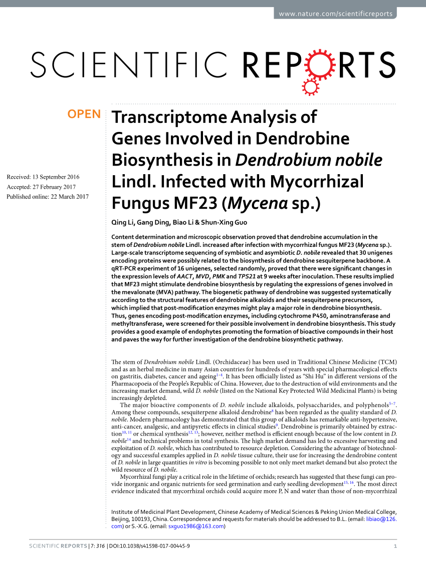 PDF) Transcriptome Analysis of Genes Involved in Dendrobine 