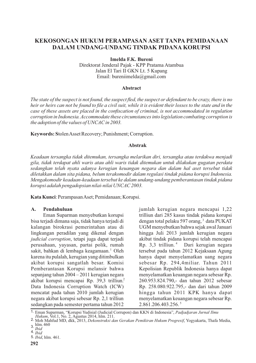 Pdf Kekosongan Hukum Perampasan Aset Tanpa Pemidanaan Dalam Undang Undang Tindak Pidana Korupsi 