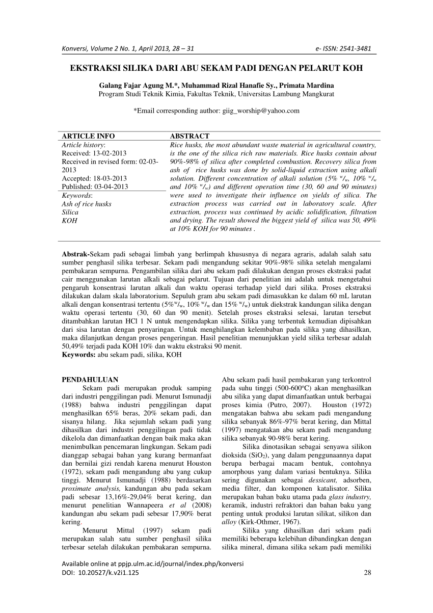 (PDF) EKSTRAKSI SILIKA DARI ABU SEKAM PADI DENGAN PELARUT KOH